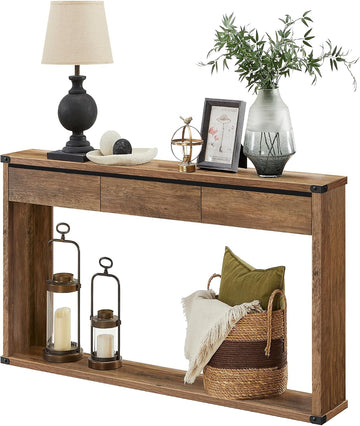 Sofa Console Table, 47.2 Inches Narrow Entryway Table with 3 Drawers, Bottom Shelf, Metal Corners