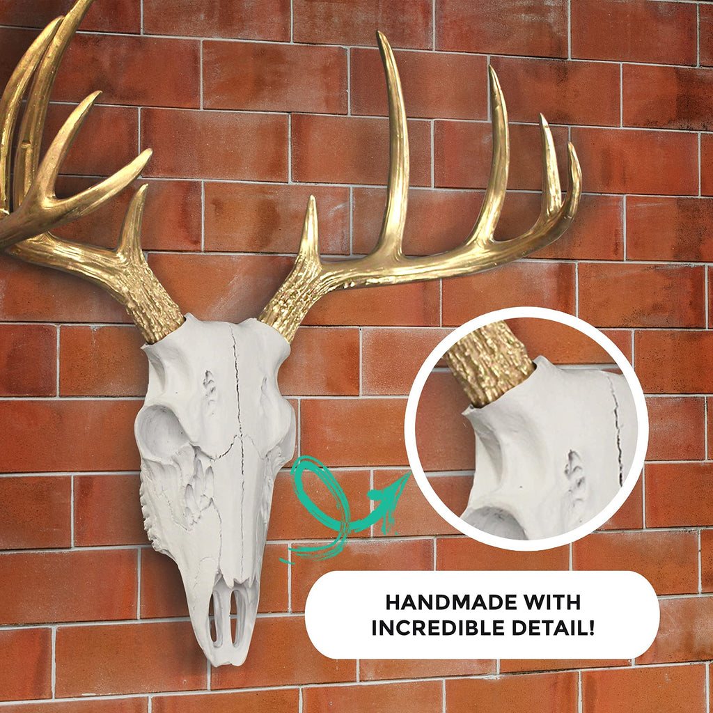 Faux Deer Skull Wall Decor, 16", White + Gold Antler