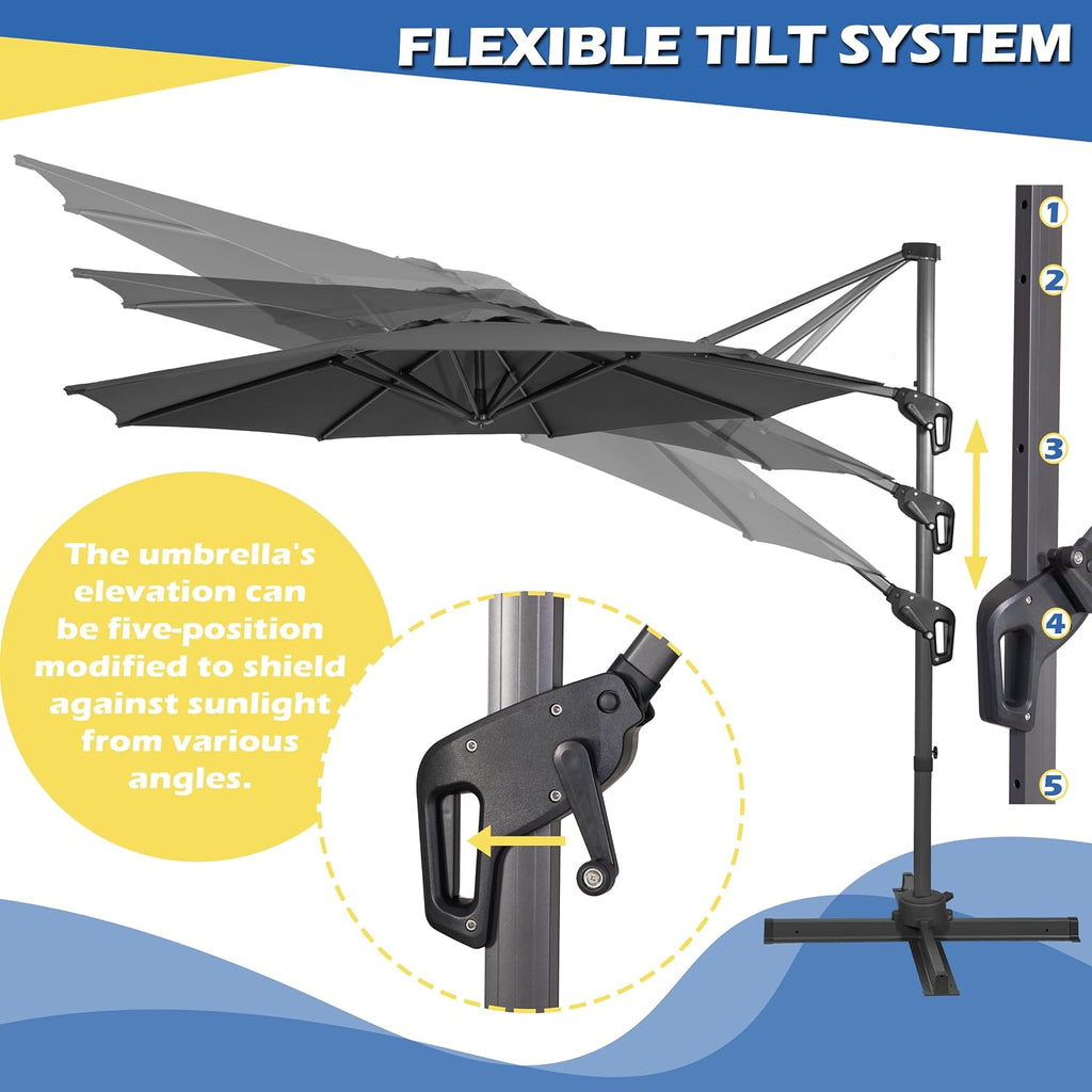 10Ft Cantilever Patio Umbrella, 360° Rotation & Integrated Tilting System Offset Umbrella with 8 Sturdy Ribs - Grey