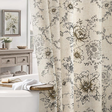 Farmhouse Floral Vintage Shower Curtain, Black Linen Pattern Shower Curtains , Tan Taupe,72x72