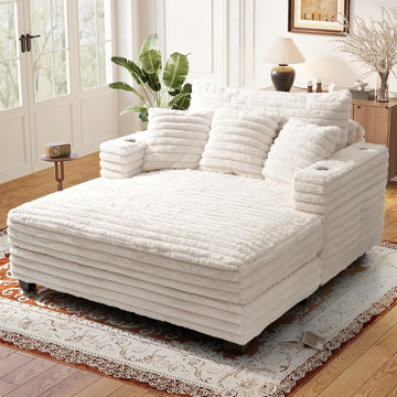 60" Oversized Chaise Lounge Chair with Wood Frame, Beige | Upgraded Fluffy Plush Faux Fur Sleeper Couch Lazy Chair