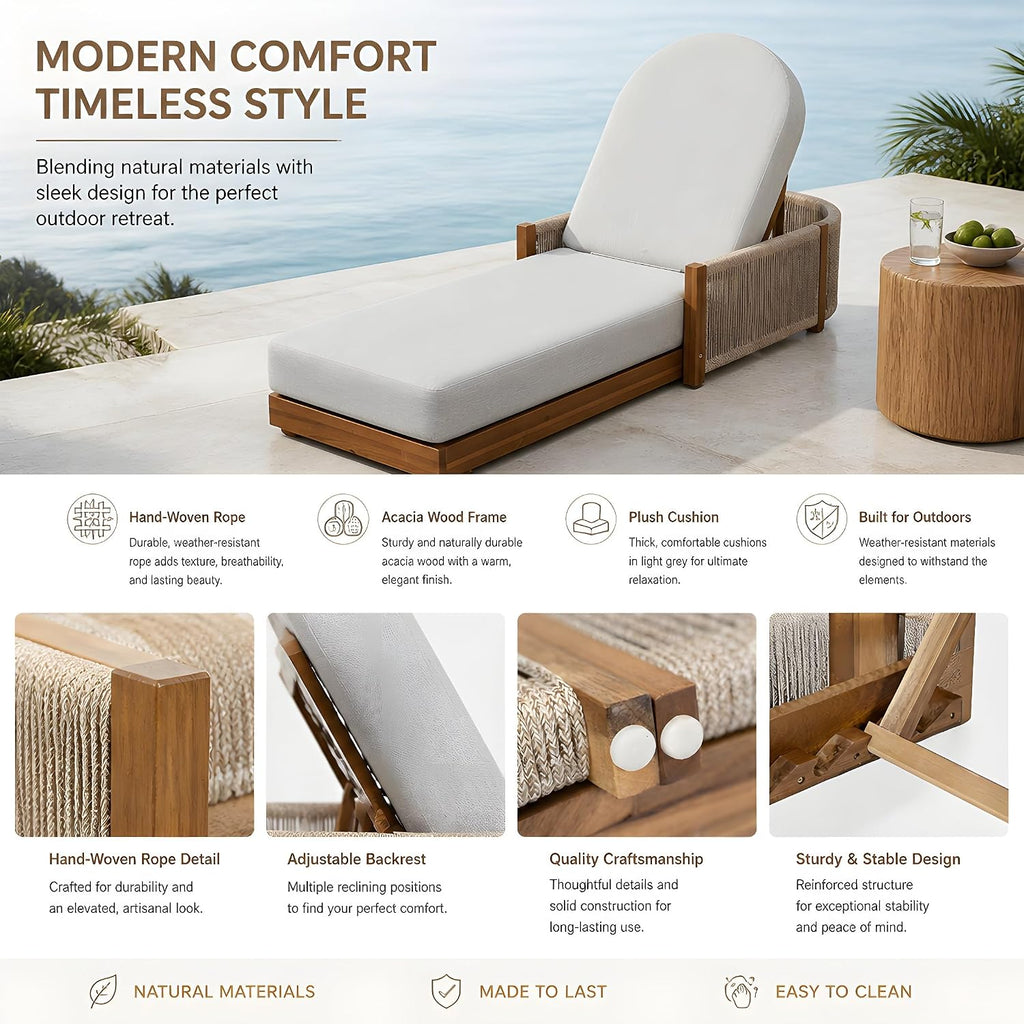 Acacia Wood Chaise Lounge Chair Outdoor with Handwoven Rope, Adjustable Backrest Sun Lounger Recliner, Patio
