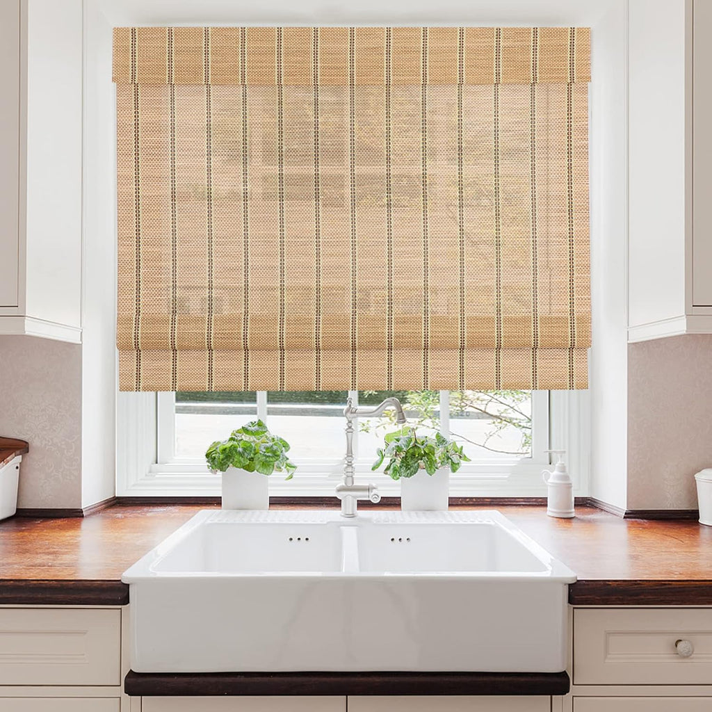 Cordless Bamboo Roman Shades, Natural Woven Blinds with 6 Inches High Valance, Custom Room Darkening Privacy Lined