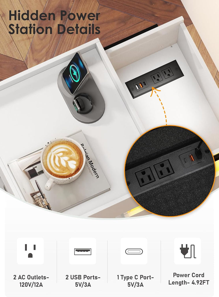 Night Stand with Gun Drawer, Modern Nightstand with Hidden Charging Station, LED Beside End Table with USB and Type-C