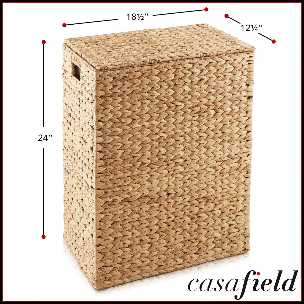 Large Laundry Hamper with Lid and Removable Liner Bag - Natural, Woven Water Hyacinth Rectangular Laundry Basket
