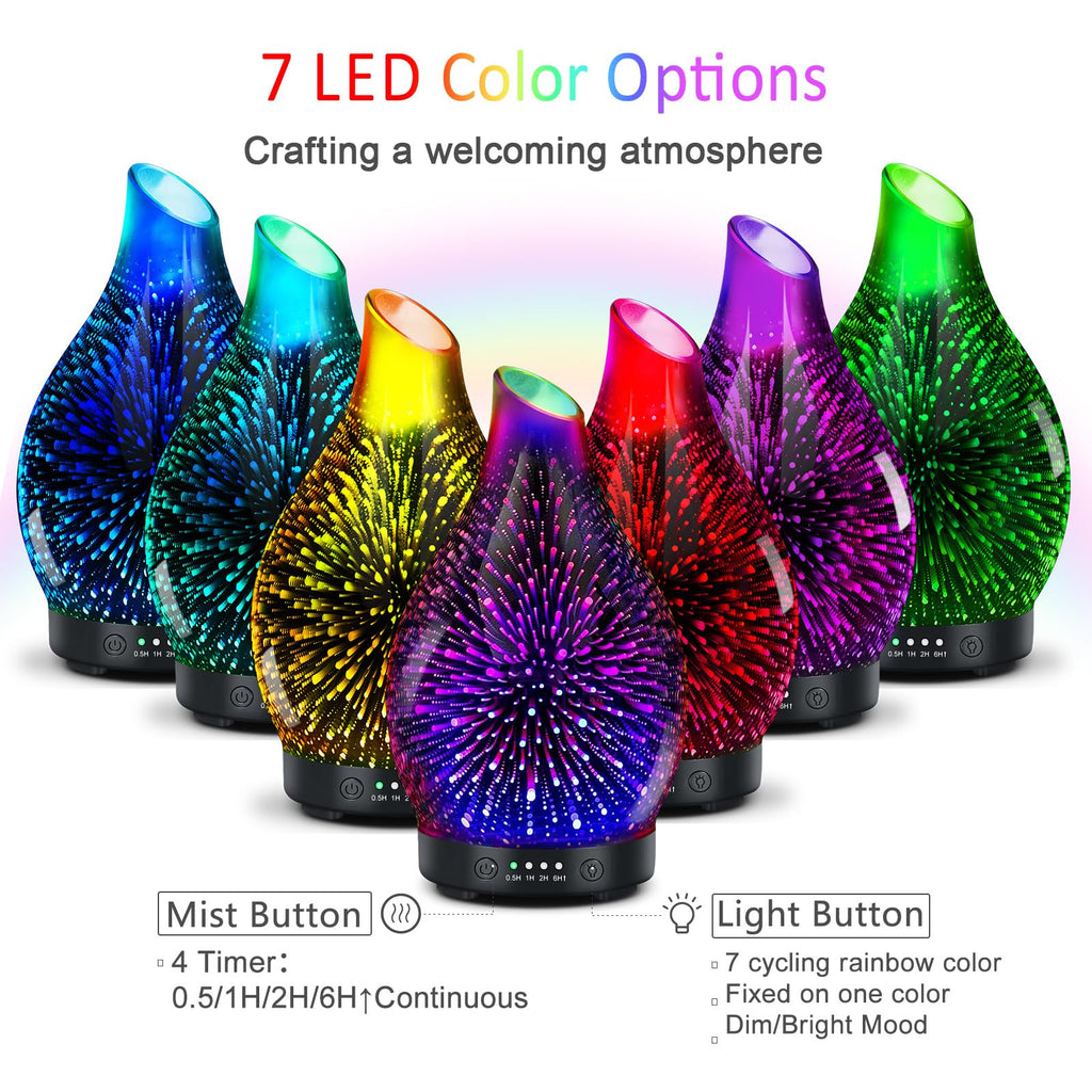 Essential Oil Diffuser -3D Firework Glass Aromatherapy Diffusers for Essential Oils with 4 Timer Setting Auto