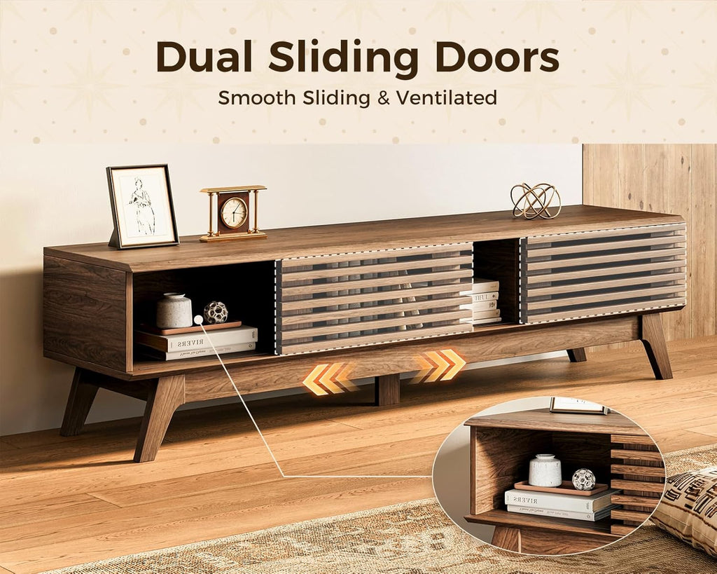 59" TV Stand for 55"/60"/65" TVs, Mid-Century Modern Fluted Entertainment Center with Sliding Doors, Storage Cabinets