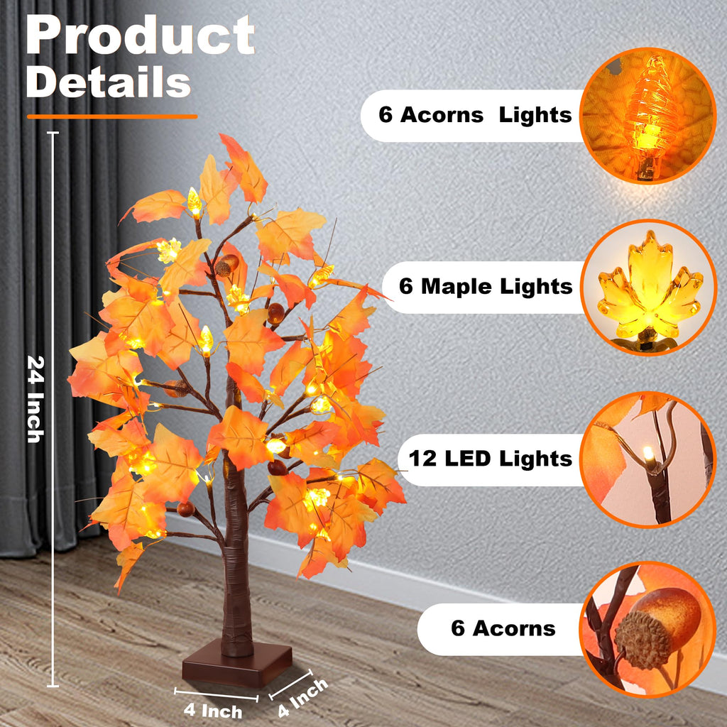 2 Packs 24 Inch Lighted Maple Tree Fall Thanksgiving Decorations with 48 LEDs Timer Battery Operated 3D Acorn Maple
