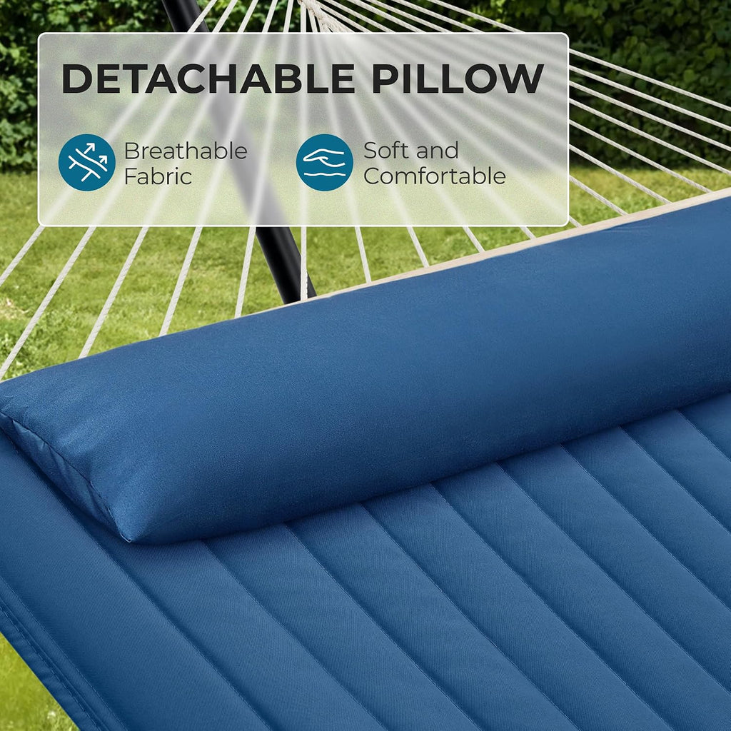 12ft Double Hammock with Stand, Rope Hammock for 2 Person, Detachable Hammock Bed and Pillow, Portable, Anti-Tip