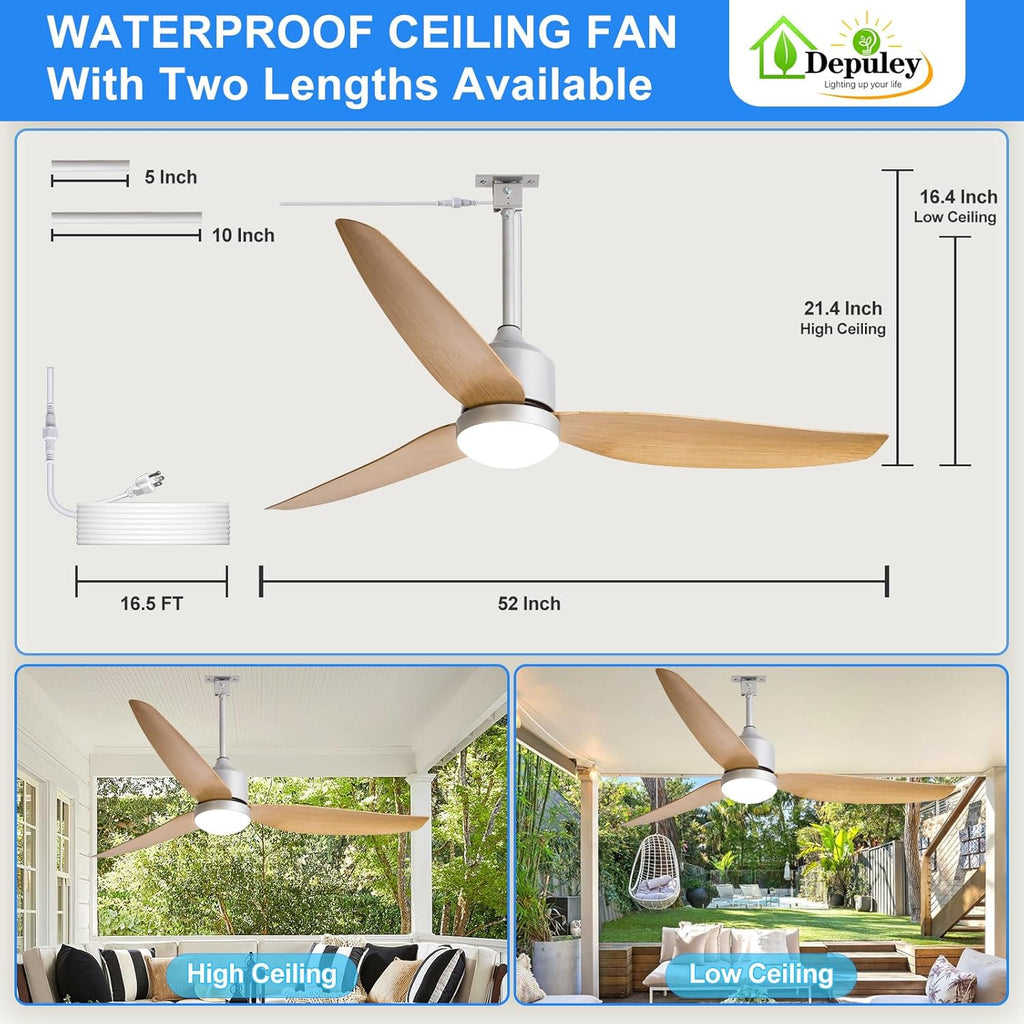 52 Inch Nickel Waterproof Gazebo Fans with Lights Outdoor Hanging - Plug in Remote App Control for Patio Indoor Farmhouse Porch - 6 Speed Reversible DC Motor
