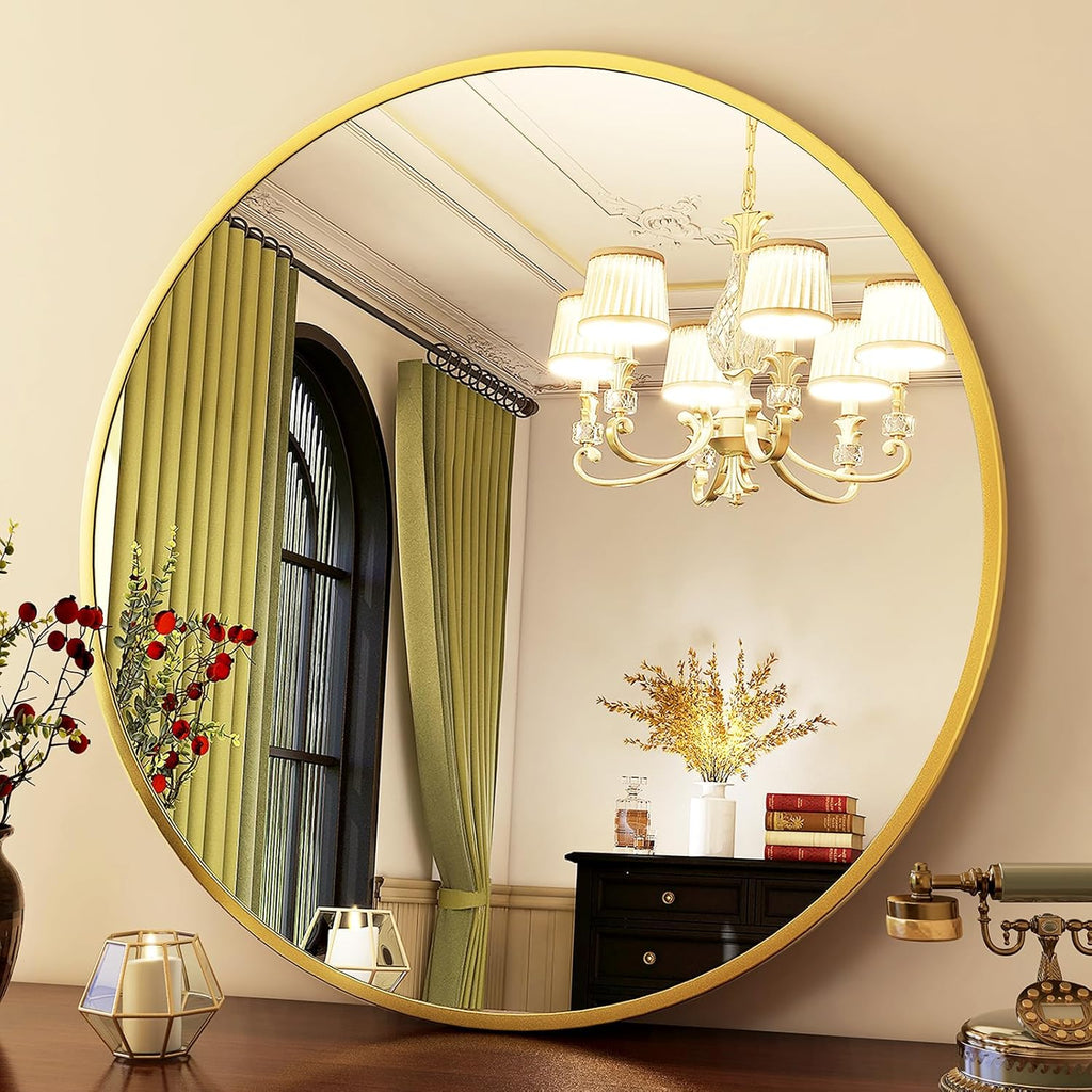 Round Mirror 30 Gold Wall Mounted Circle Mirrors Vanity Mirror with Brushed Aluminum Alloy Frame Modern Decoration