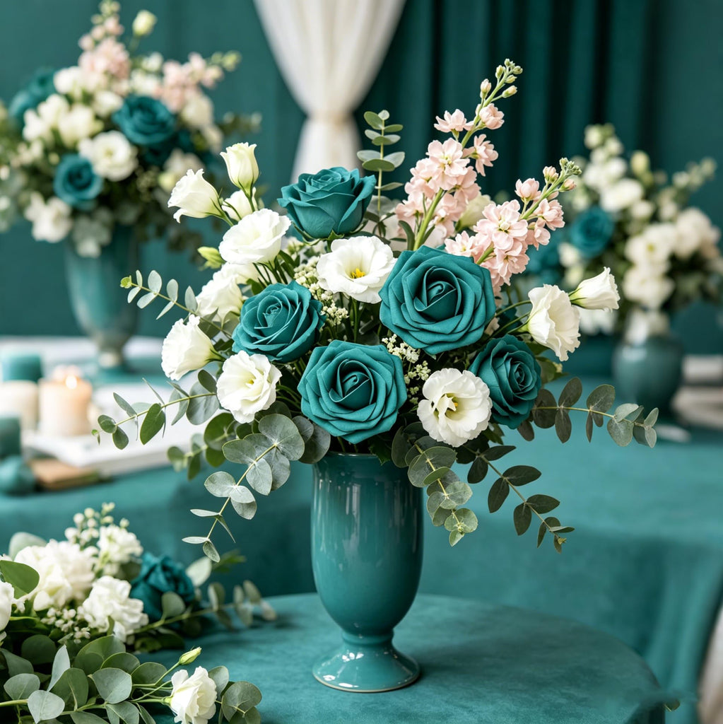Artificial Flowers, 50pcs Dark Teal Artificial Rose for Bouquets