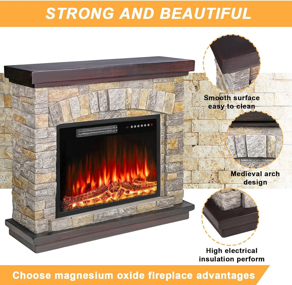 36 Inch Electric Fireplace with Mantel, 23 Inch Fireplace Insert Heater with Remote, Timer and LED Flame, Freestanding Space Heater, Faux Stone Gray
