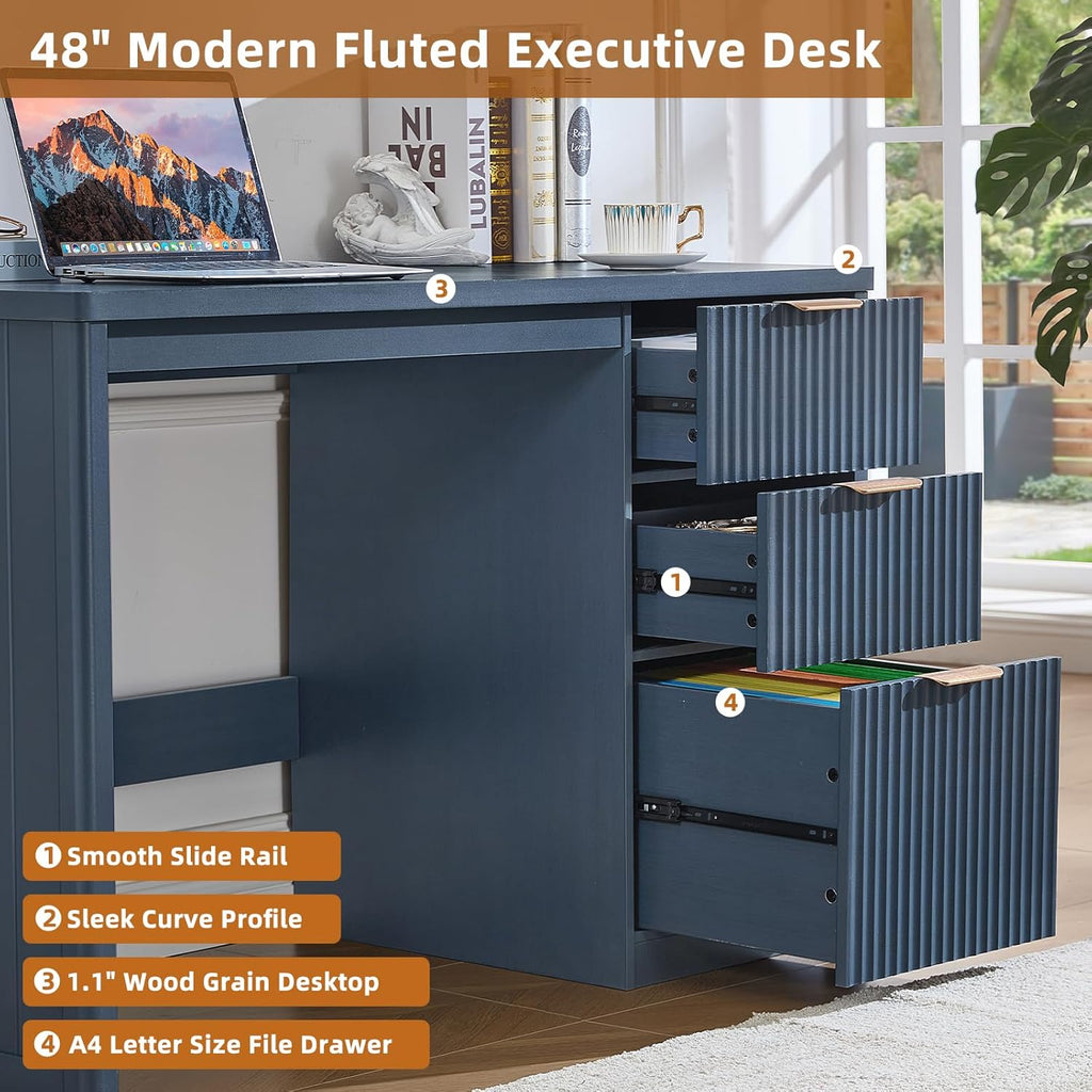 Office Desk 48" with 3 Drawers Storage File Cabinet Wood Fluted Desk for Computer Office Bedroom Home Furniture Blue