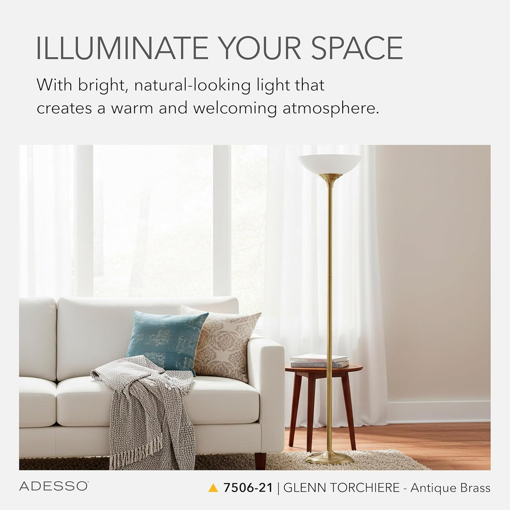 Antique Brass Torchiere Floor Lamp with Frosted White Shade