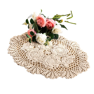 2-Pieces Handmade Cotton Crochet Doilies Oval Lace Table Placemats 12 x17inch, Beige