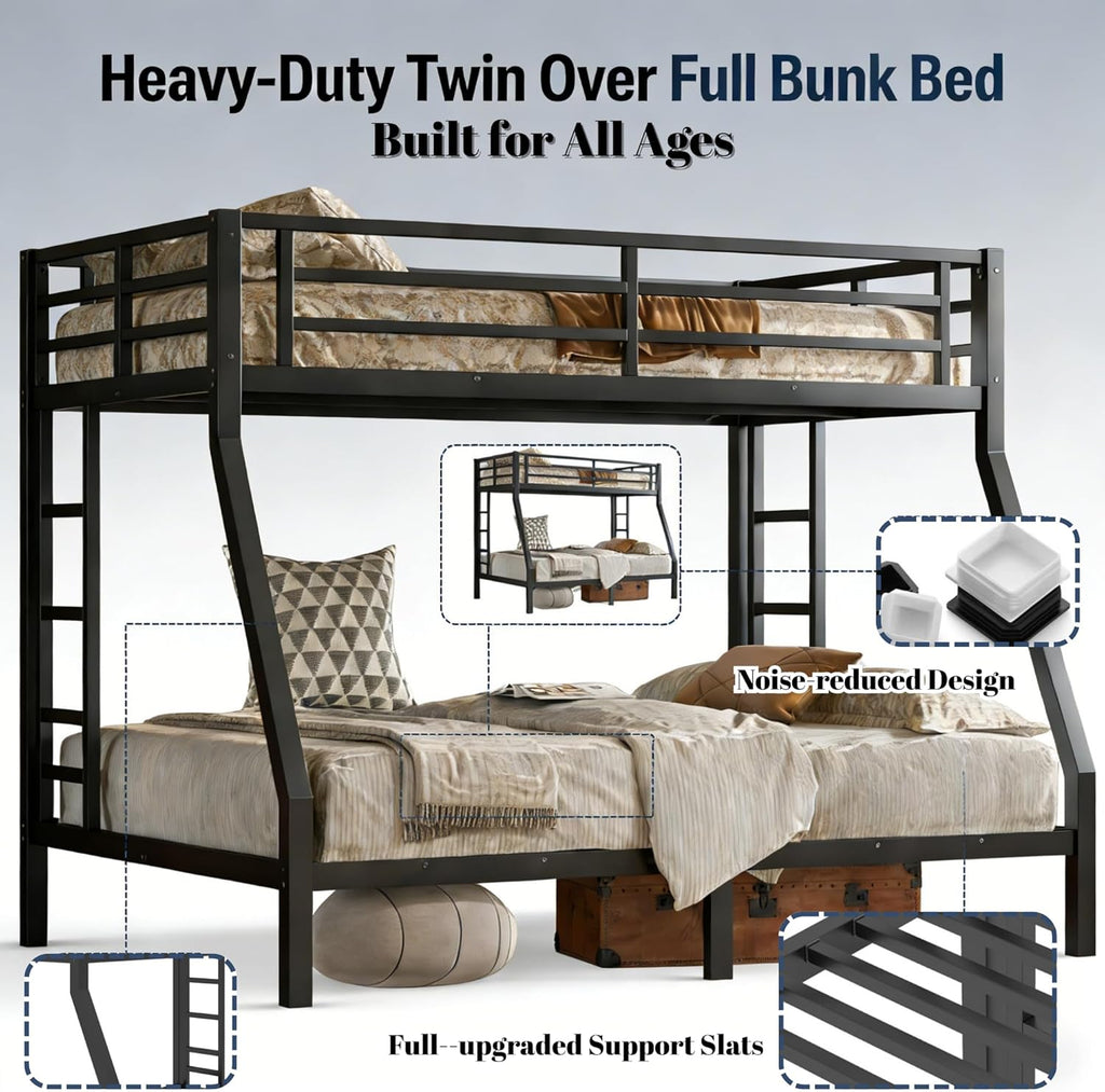 Twin Over Full Bunk Bed with Ladders, Metal Bunk Beds Frame with Full-Length Guardrails