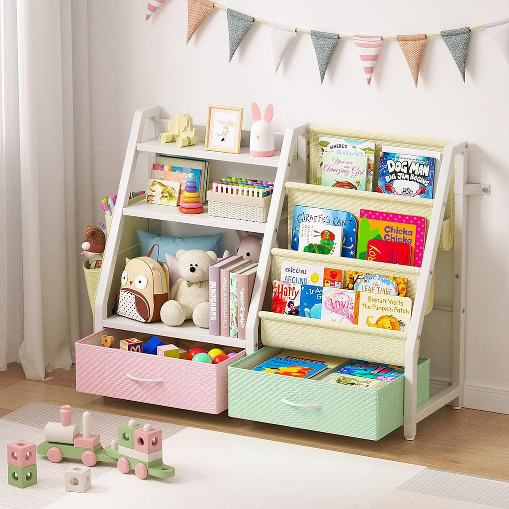 3 Tier Kids Bookshelf and Toy Organizer | 32.4"x11.8"x29.9", 3 Sling Pockets, 2 Bottom Drawers, Large Capacity Bins