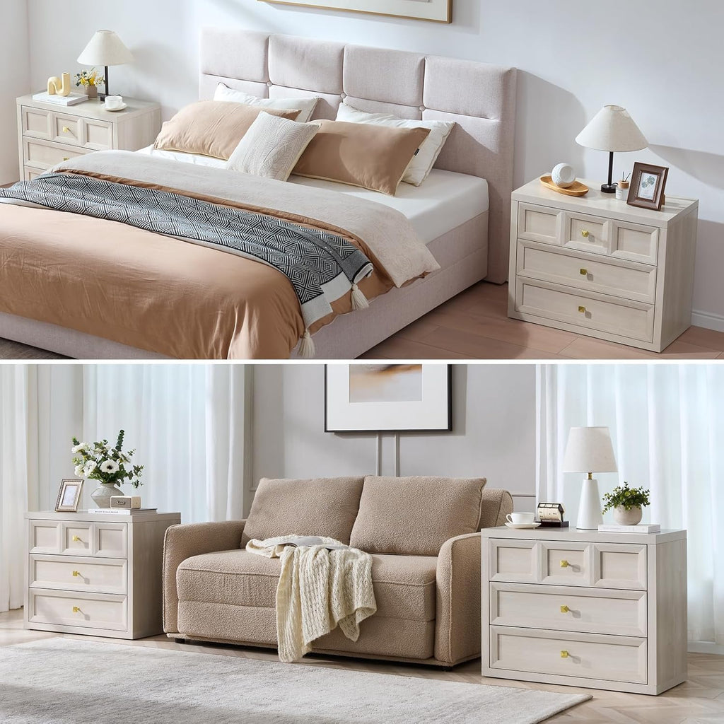 3 Drawers Nightstand with Charging Station, 30.7" King Size Bedside Table with 3 Drawers, Accent End Table W/Large