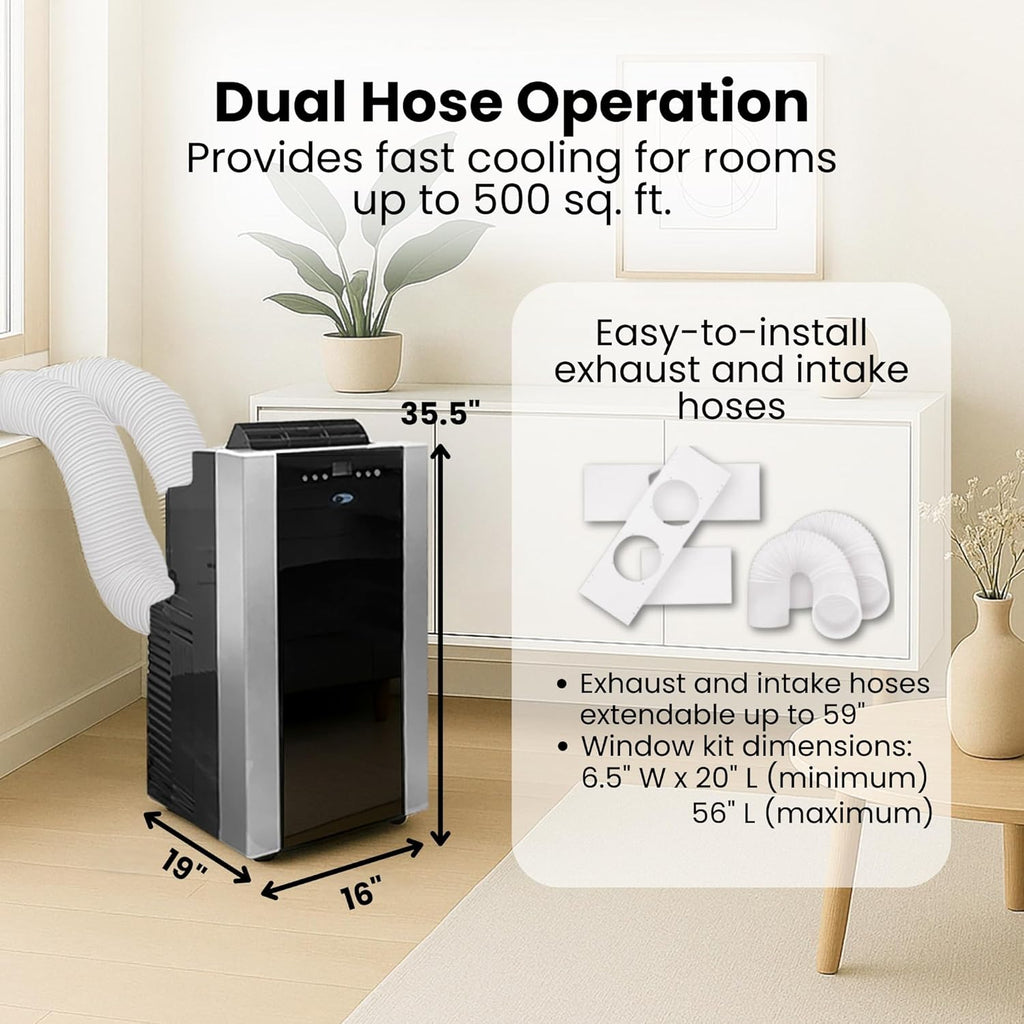 Portable Air Conditioner 14,000 BTU with Dual Hose Dehumidifier & Cooling Fan for 500 Sq Ft Rooms