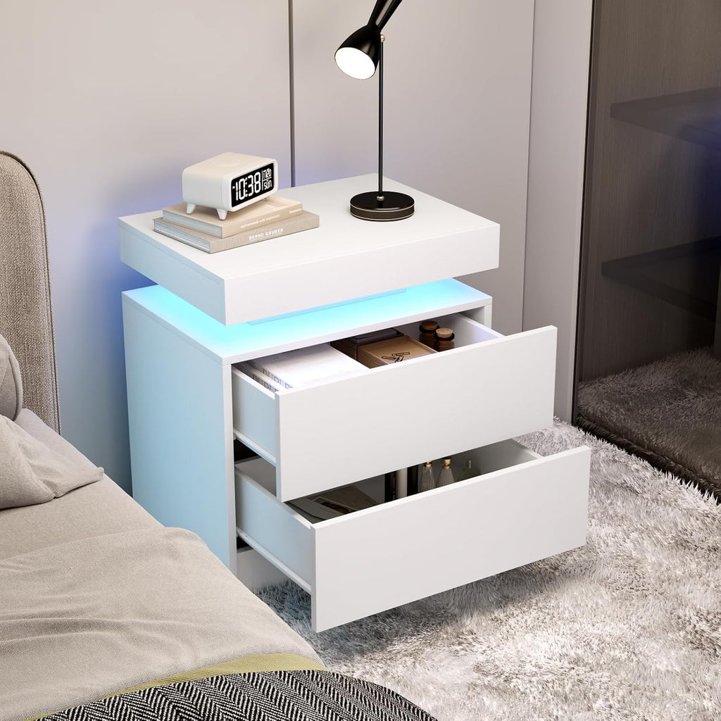 LED Nightstands Set of 2, Modern White Night Stand End Tables with APP & Remote Control LED Lighting, 2 Drawers, Open