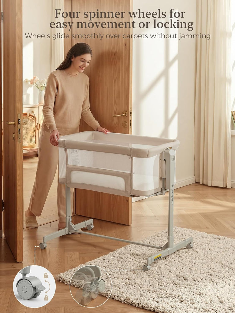 Baby Bassinet Bedside Sleeper 3-in-1, Easy Night Feeding with One-Side Fold & Rolling Wheels, Breathable Mesh