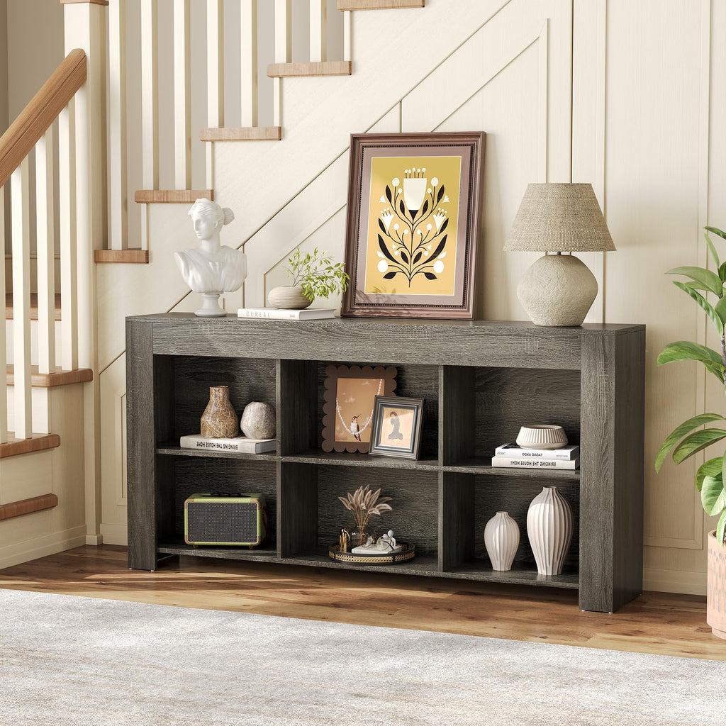 Console Table with Storage, 63-Inch Long Sofa Table, Entryway Table with Cubes, Farmhouse Storage Shelves, Grey +