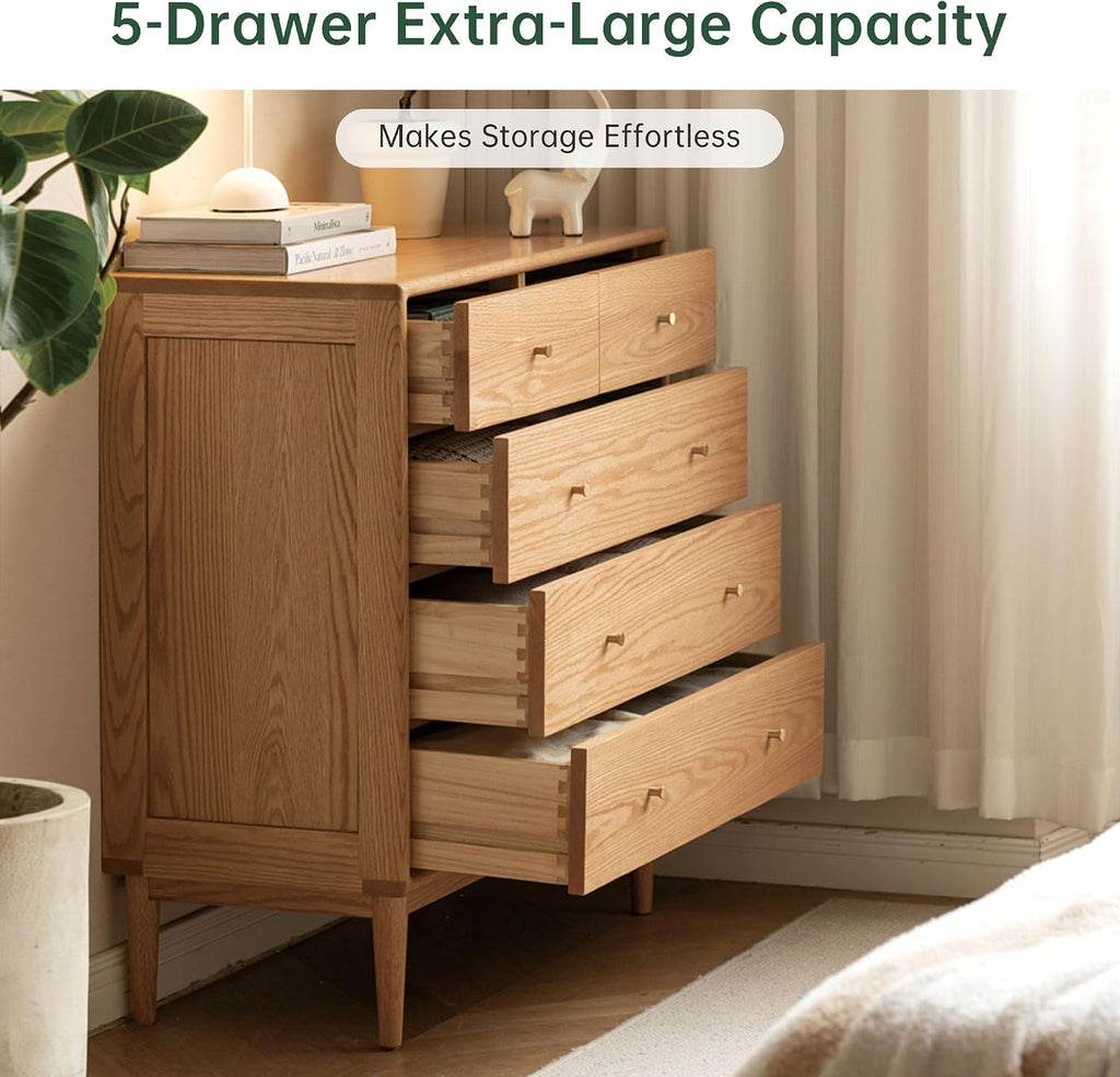 Solid Wood Dresser, 5 Drawer Dresser , Solid Wood Storage Organizer, Modern Chest of Drawers , Closet, Natural Oak