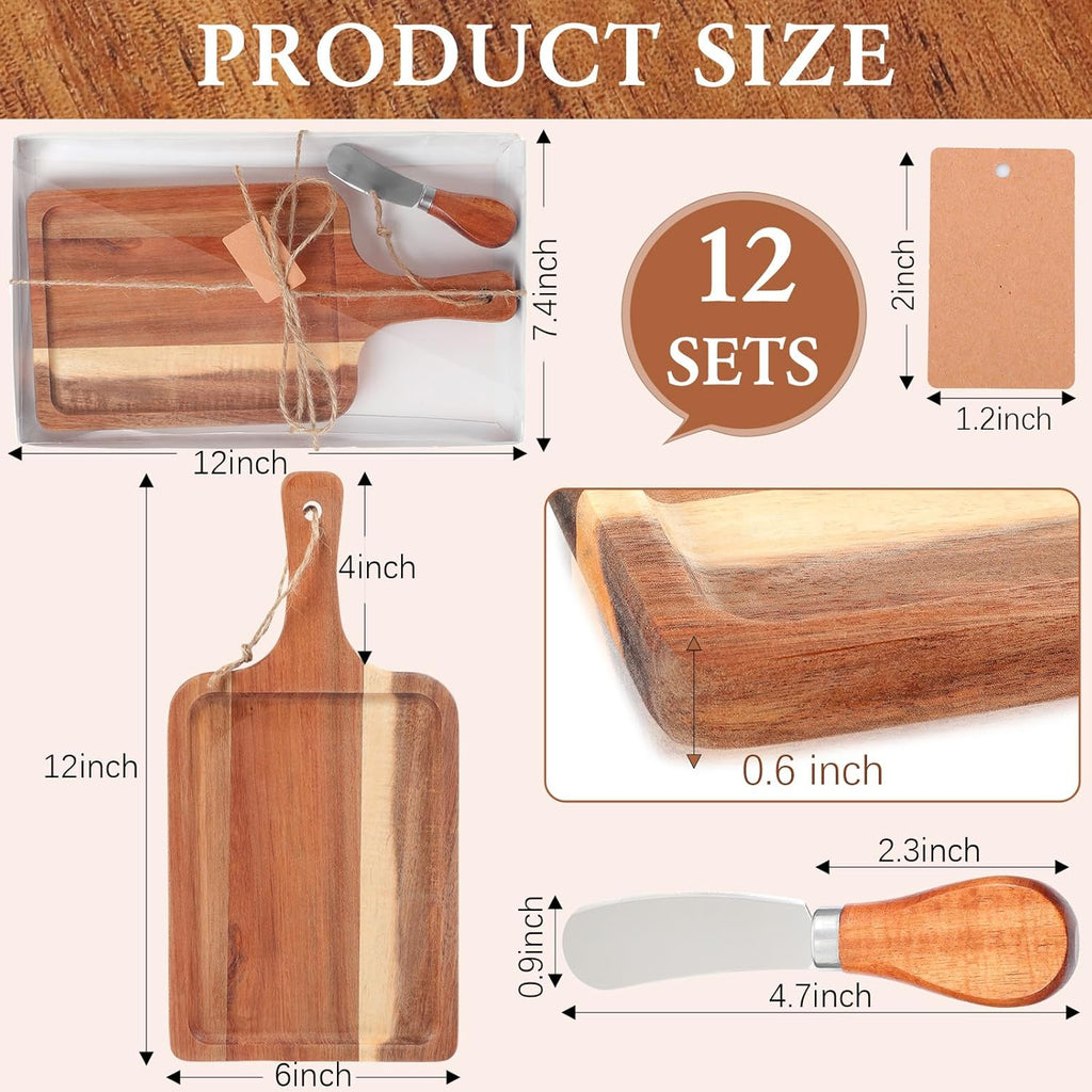 12 Set Acacia Wood Charcuterie Board with Knife Wooden Serving Tray with Groove Acacia Wood Cutting Board with Gift