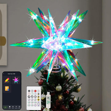 Christmas Star Tree Topper, 13.8" Xmas Smart Tree Decorations, Crystal-Like 3D Polygonal Shell, App Control LED
