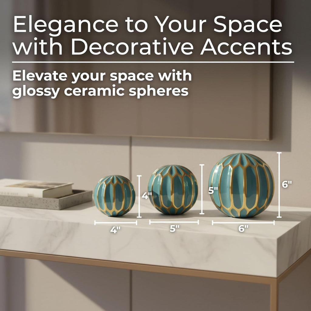 Set of 3 Blue Decorative Orbs - Stoneware & Ceramic Spheres Decor - Elegant Accent Pieces , Coffee Table & Shelves