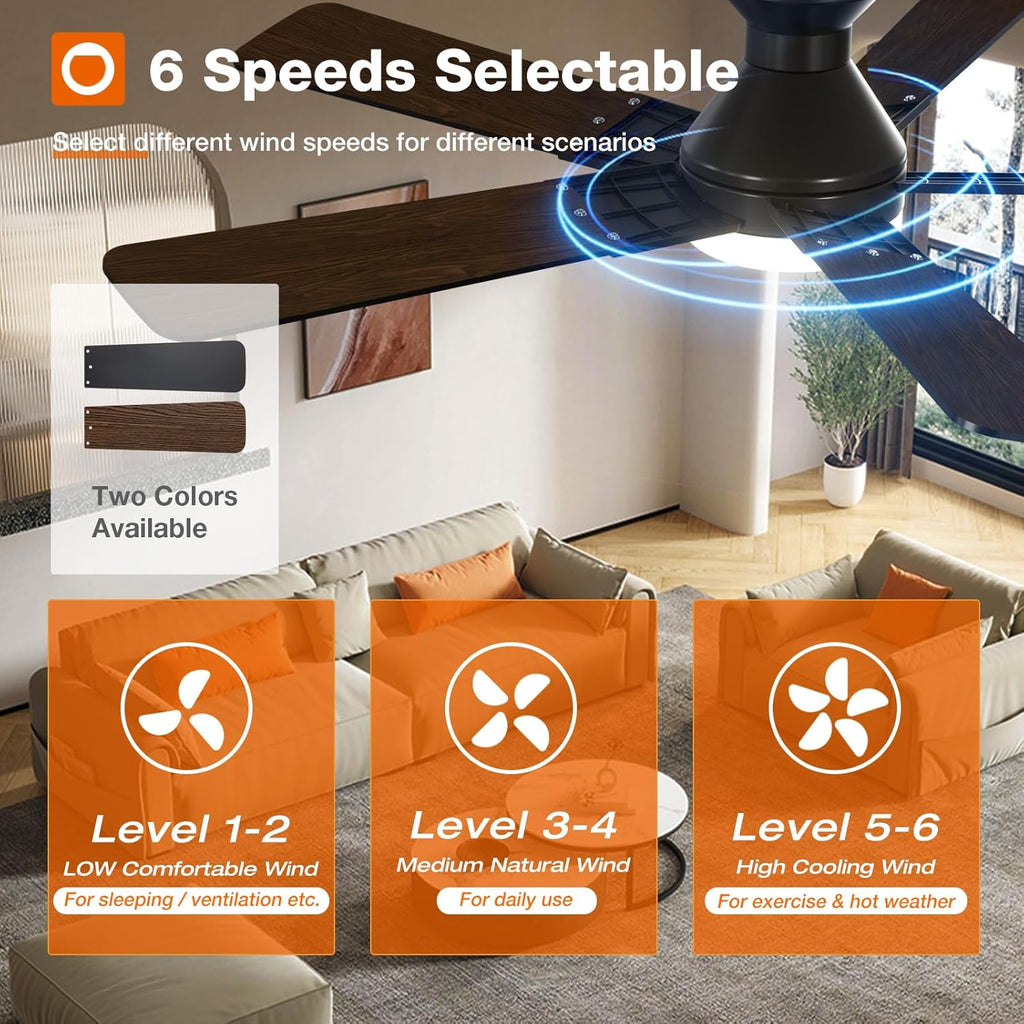 Ceiling Fans with Lights, 52 inch Low Profile Ceiling Fan with Light and Remote Control, Flush Mount, Reversible, 3CCT, Dimmable, Noiseless, Black Ceiling Fan for Bedroom, Indoor/Outdoor Use