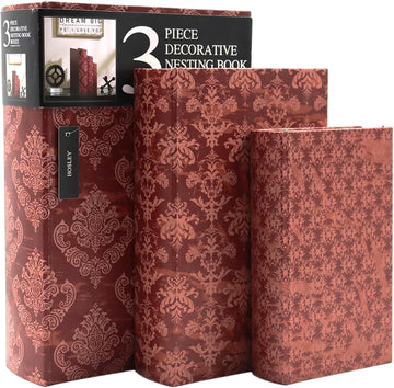 Farmhouse Memory Book Boxes, Red Brown & Gold, Decorative Nesting Storage Boxes 12 10 8 Inch, Faux Leather - Set of 3