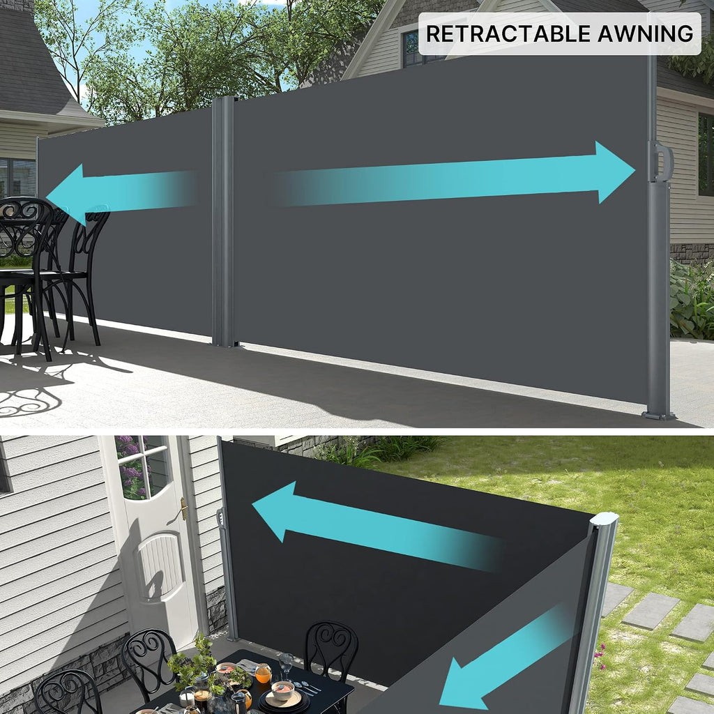 276"x71" Retractable Double Side Awning Patio Privacy Screen, Grey | Patio Folding Privacy Divider,Full Aluminum