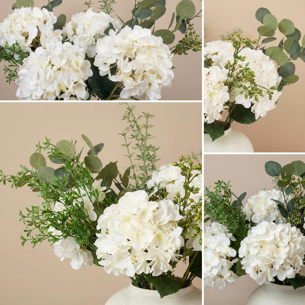 Faux Arrangement - Eucalyptus & White Hydrangea Flowers, Large Artificial Floral Greenery Centerpieces for Tables
