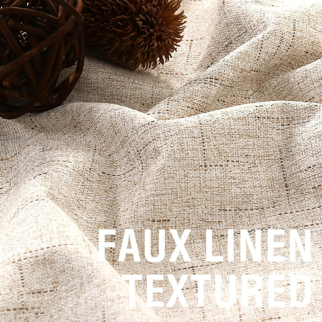 100% Blackout Curtains for Bedroom, Back Tab/Rod Pocket Faux Linen Black Out Cute Curtains 2 Panels