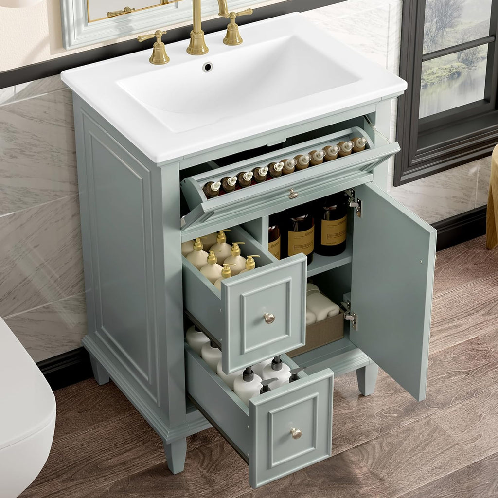 24 Inch Bathroom Vanity with Sink, Solid Wood Bathroom Sink Vanity with Drawers, Freestanding Bathroom Vanities with Adjustable Shelf, Light Green