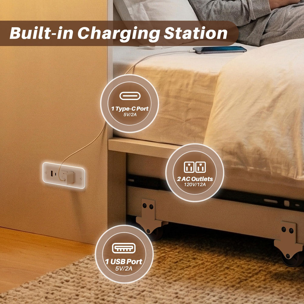 Queen Murphy Bed Frame with Charging Station, Freestanding Cabinet Murphy Bed with Fold-Down Panel & Reinforced
