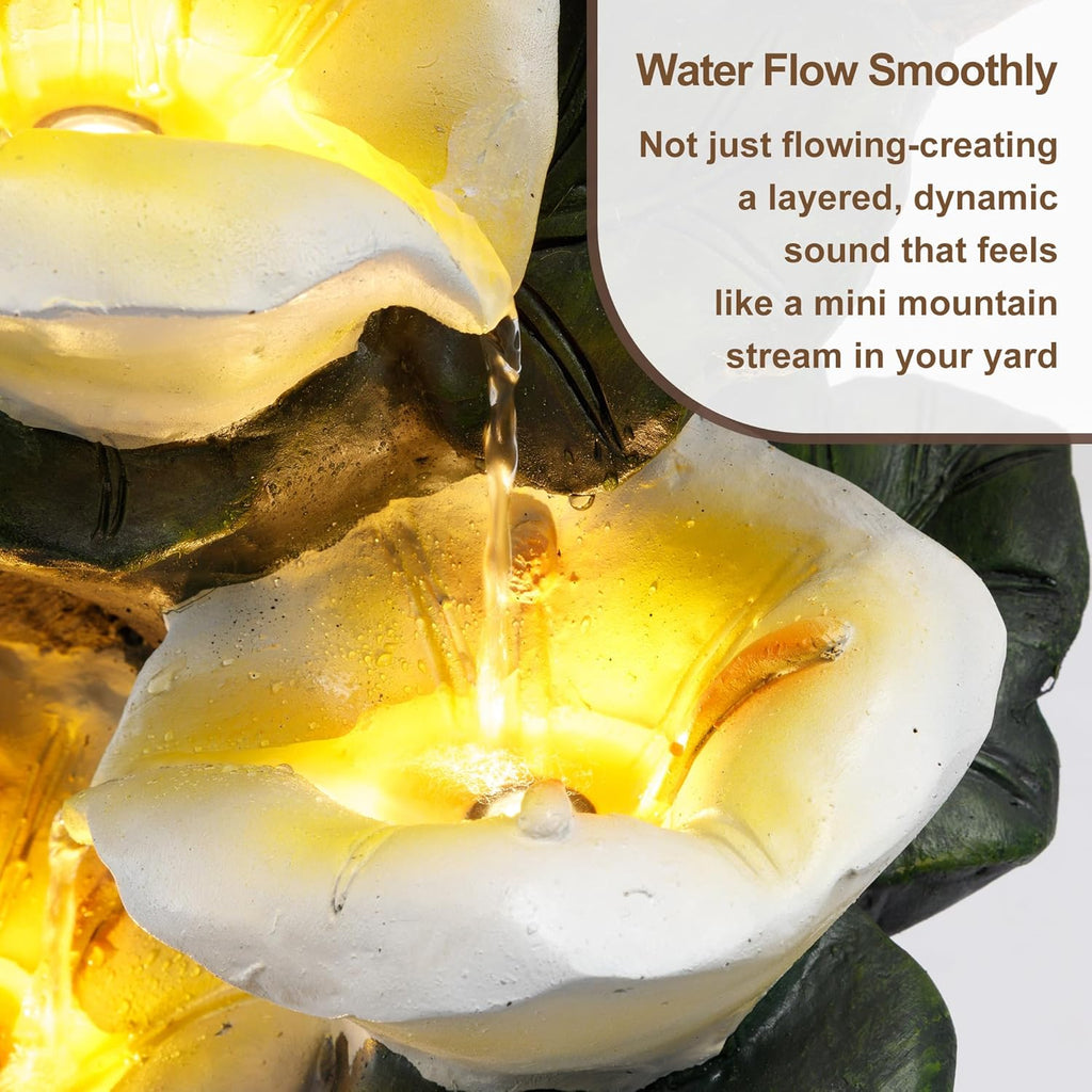 28" Outdoor Water Fountain with Led Lights, 4-Tiered Owl & Calla Lil Water Fountain, Outdoor Garden Waterfall Decor