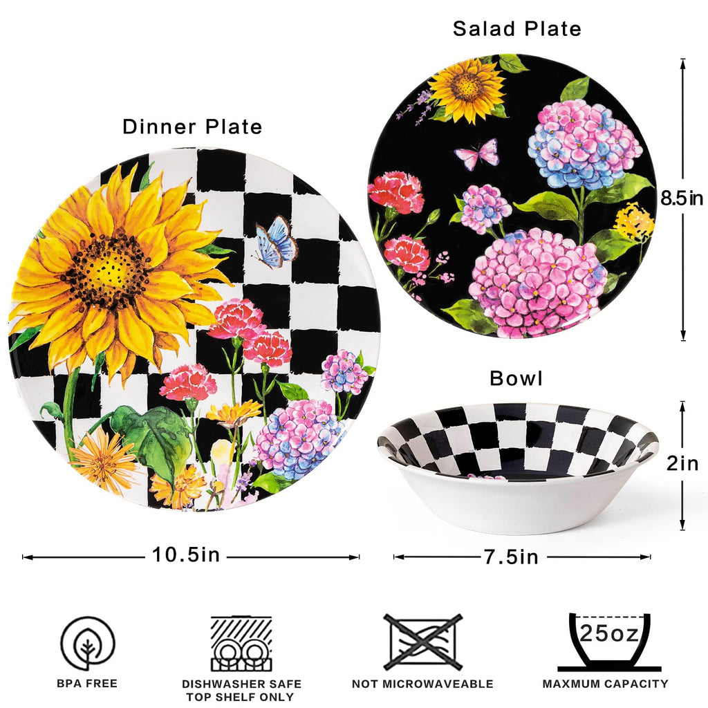 Sunflower 12-Piece Melamine Dinnerware Set, Dishwasher Safe