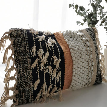 Decorative Boho-Chic Premium Pillow Cover 12x20 Handwoven Tufted Cotton Lumbar Accent Pillows, Neutral Earthly Color