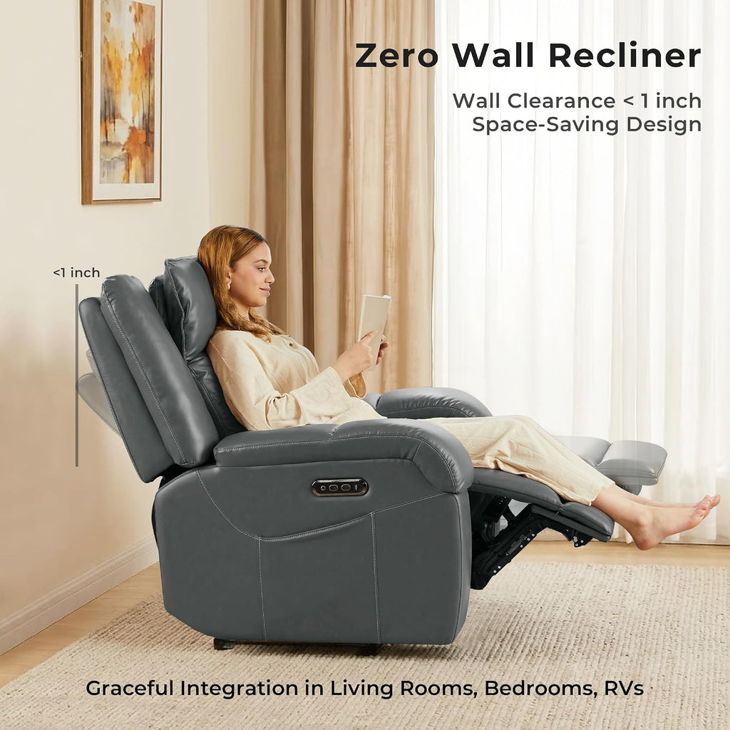 Pet Friendly Leather Power Recliner Chair, Zero Wall Hugger RV Recliners with Power Headrest, Charging Ports, Side