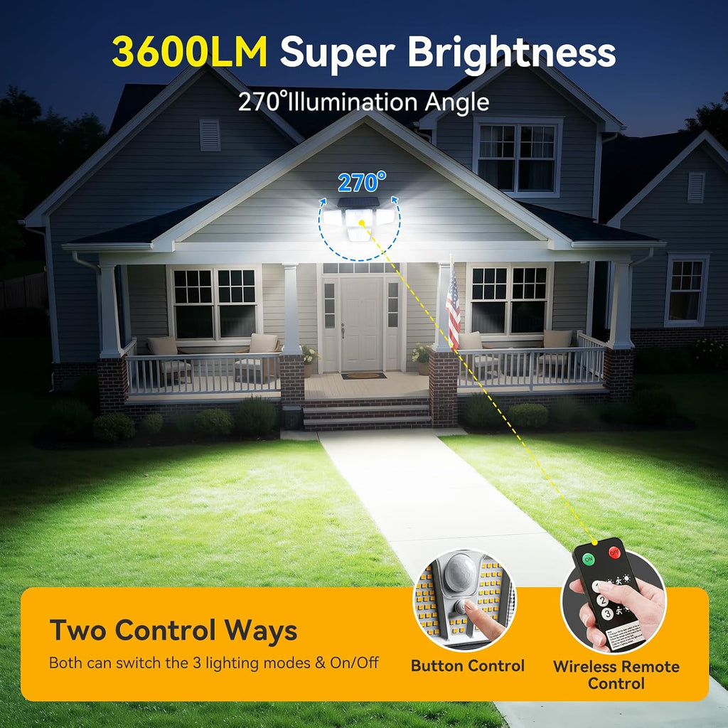 Solar Flood Lights, 3600LM 270° Motion Sensor Outdoor Lights-Remote | 4 Heads 3 Modes Solar Lights Outdoor, Glass
