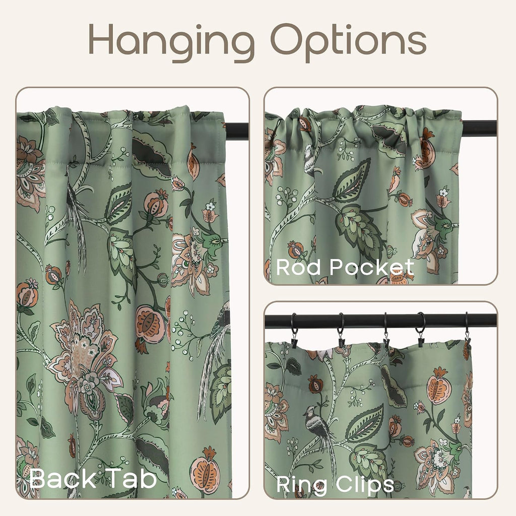 Green and White Curtains 2 Panel Set for Bay Window,70% Blackout Eclectic Art Nouveau Print Floral