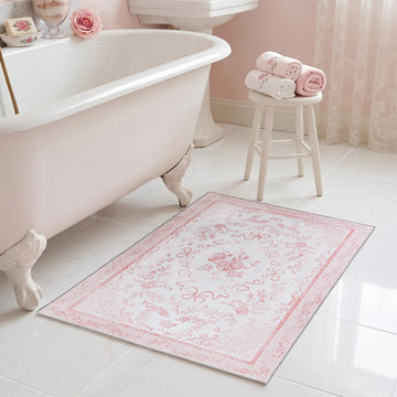 Pink Bow Floral Bathroom Rugs, Non Slip Washable Cute 2x3 Small Area Rug for Bedside Bath Sink Girls Dorm Bedroom
