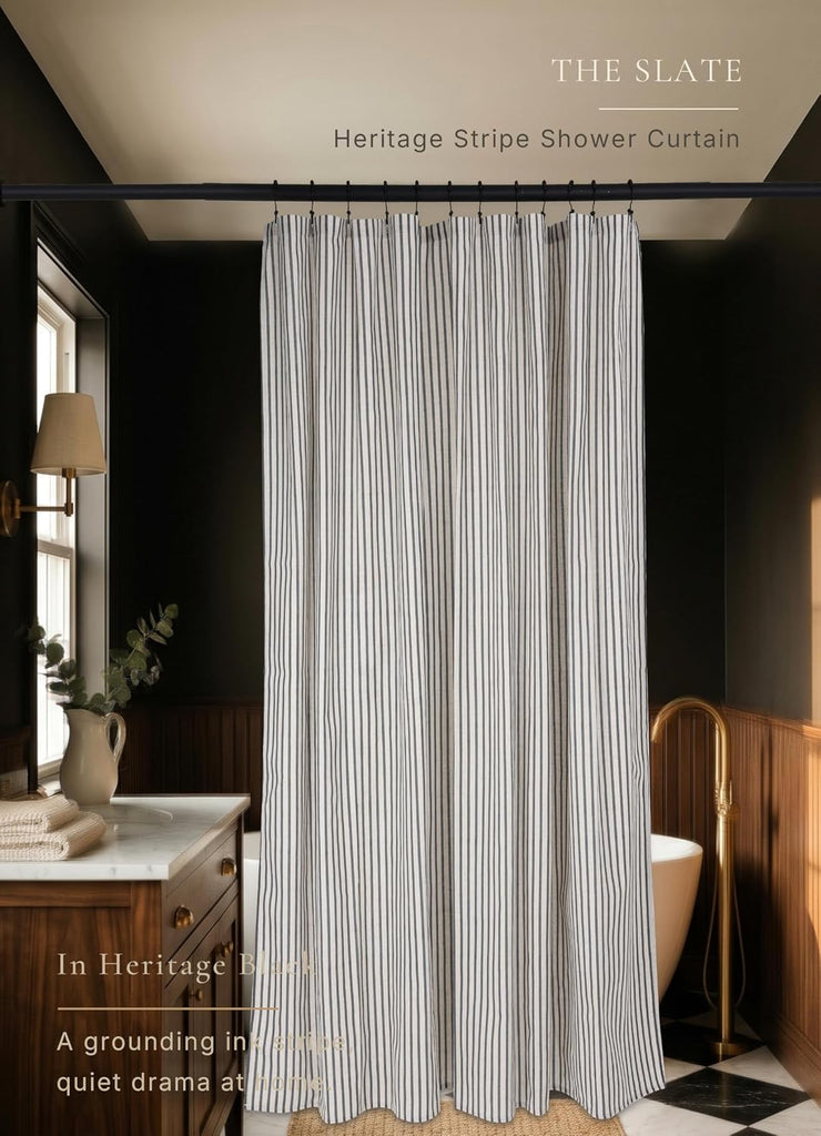 Farmhouse Striped Shower Curtain - 72x72 Inches, Linen Blend Fabric, Breathable & Machine Washable, Rustic Black
