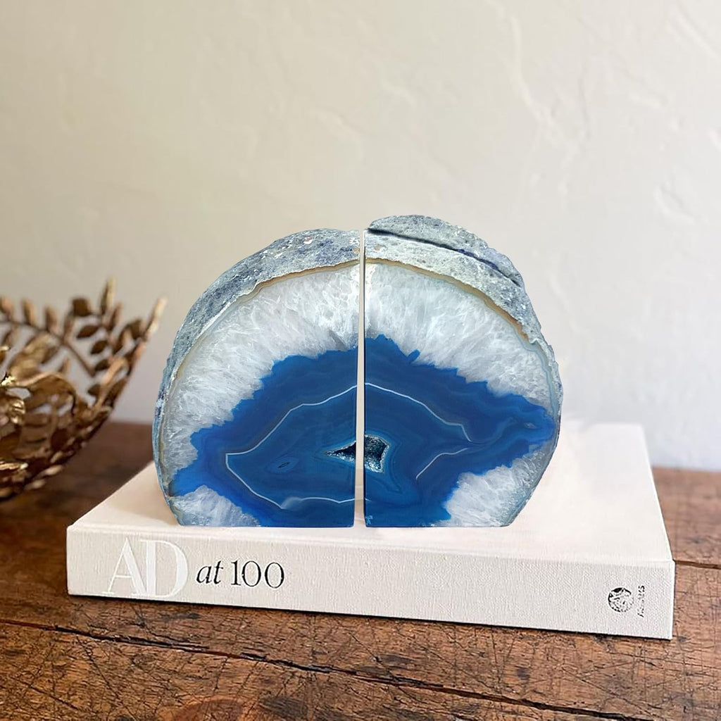 GM Teal Agate Bookends for Heavy Books. Crystal Stone Bookend. 1 Pair, A Grade, Pre-Matched Polished Geodes Home