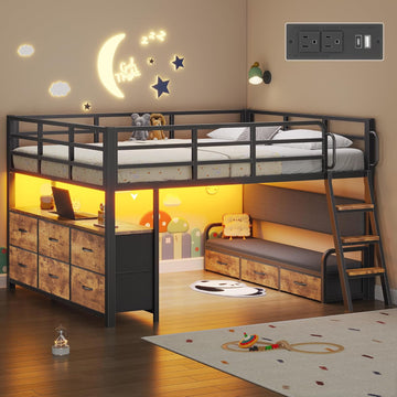 Full Low Loft Bed with Desk,Full Bed Frame with 9 Storage Drawers
