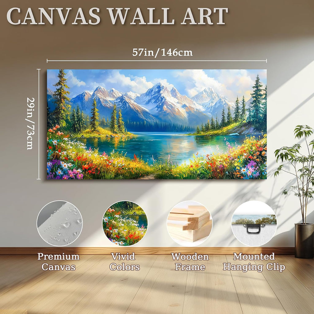Lake Landscape Wall Art, Snow Mountain Forest Extra Large Artwork, Nature Yosemite Sunny Paintings, Wildflower