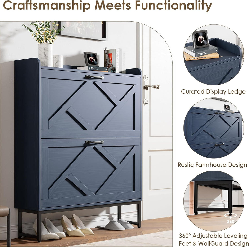 Shoe Storage Cabinet, Shoe Cabinet with 2 Flip Drawers, Narrow Shoe Rack Cabinet, Farmhouse Slim Shoe Cabinet Storage